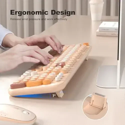 MOFII Беспроводная клавиатура и мышь Combo, Симпатичная ретро пишущая машинка Клавиатура и бесшумная мышь, 2,4 ГГц Полноразмерная компьютерная клавиатура Беспроводная мышь для ПК, Ноутбука, Настольного компьютера, Windows (Желтый Красочный) - 4