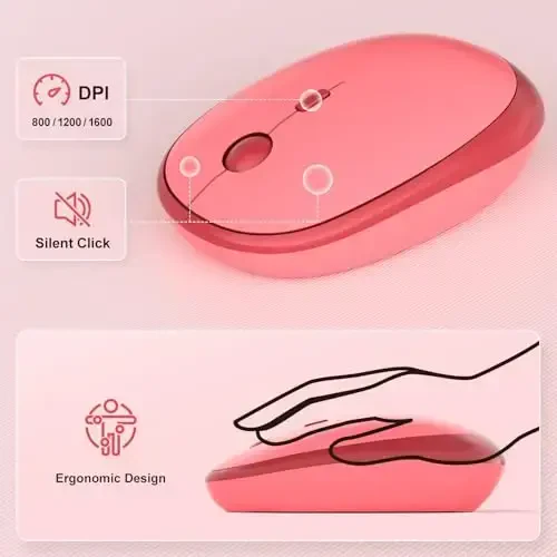 MOFII Беспроводная клавиатура и мышь, Клавиатура в стиле ретро-пишущей машинки и бесшумная мышь, Беспроводной комбо-набор клавиатуры и мыши 2,4 ГГц для ноутбука, ПК, настольного компьютера, Windows (ярко-розовый) - 3