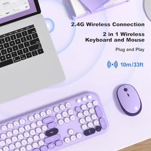 MOFII Беспроводная клавиатура и мышь, Ретро пишущая машинка и бесшумная мышь, 2,4 ГГц Полноразмерная беспроводная клавиатура и мышь для ноутбука, ПК, Настольного компьютера, Windows (Фиолетовый) - 2