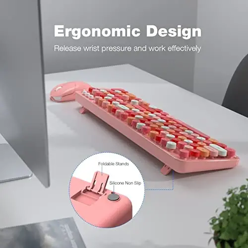 MOFII Беспроводная клавиатура и мышь, розовая красочная круглая клавиша в стиле ретро-пишущей машинки, беспроводная USB 2,4G полноразмерная клавиатура и милый набор мышек для компьютера, ноутбука, ПК, Chromebook, Smart TV - 3