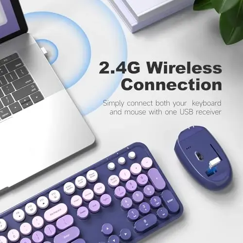 MOFII Wireless Keyboard and Mouse Combo, 2.4GHz Retro Typewriter Keyboard Full Size, Cute Wireless Mice, USB Dongle Plug and Play, for Laptop, PC, Desktop, Windows (Purple Gradient Color) - 2
