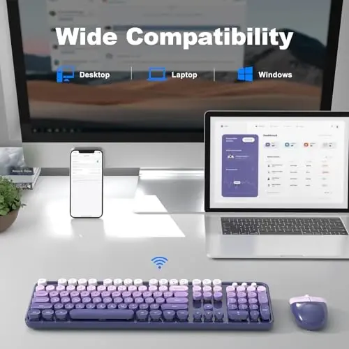 MOFII Wireless Keyboard and Mouse Combo, 2.4GHz Retro Typewriter Keyboard Full Size, Cute Wireless Mice, USB Dongle Plug and Play, for Laptop, PC, Desktop, Windows (Purple Gradient Color) - 5