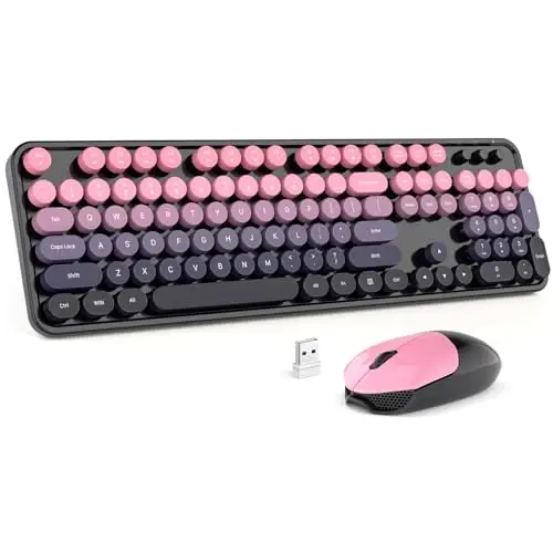 MOFII Wireless Keyboard and Mouse Combo, 2.4GHz Retro Typewriter Keyboard Full Size, Cute Wireless Mice, USB Dongle Plug and Play, for Laptop, PC, Desktop, Windows (Plum Pink Gradient Color) - 1