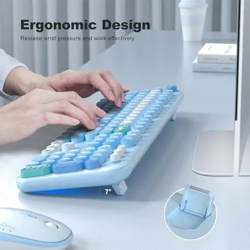 MOFII Wireless Keyboard and Mouse Combo, Cute Retro Typewriter Keyboard and Silent Mouse, 2.4GHz Full Size Computer Keyboard Wireless Mouse Set for PC, Laptop, Desktop, Windows (Blue Colorful) - 4
