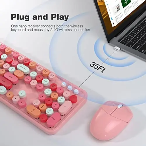 MOFII Wireless Keyboard and Mouse, Pink Colorful Round Key Retro Typewriter Keyboards, USB Wireless 2.4G Full Size Keyboard and Cute Mice Combo for Computer, Laptop, PC, Chromebook, Smart TV - MOFII (1)