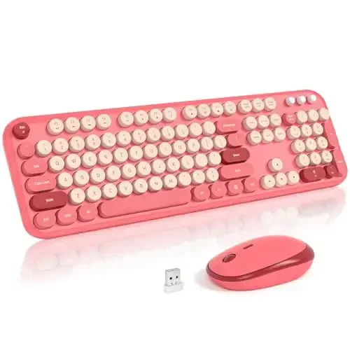MOFII Wireless Keyboard and Mouse, Retro Typewriter Keyboard and Silent Mouse, 2.4GHz Full Size Keyboard and Mouse Wireless Combo for Laptop, PC, Desktop, Windows (Hot Pink) 