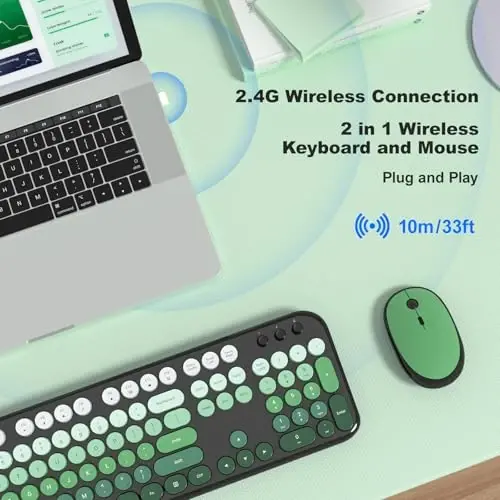 MOFII Wireless Keyboard and Mouse Combo, 2.4GHz Retro Typewriter Keyboard Full Size, Quiet Click Mouse, USB Receiver Plug and Play, for PC, Laptop, Desktop, Windows (Black Green Gradient) - 2