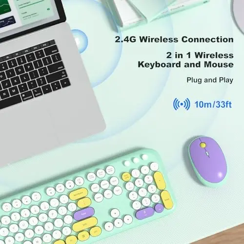 MOFII Wireless Keyboard and Mouse, Retro Typewriter Keyboard and Silent Mouse, 2.4GHz Full Size Keyboard and Mouse Wireless Combo for Laptop, PC, Desktop, Windows (Mint Green) - 2