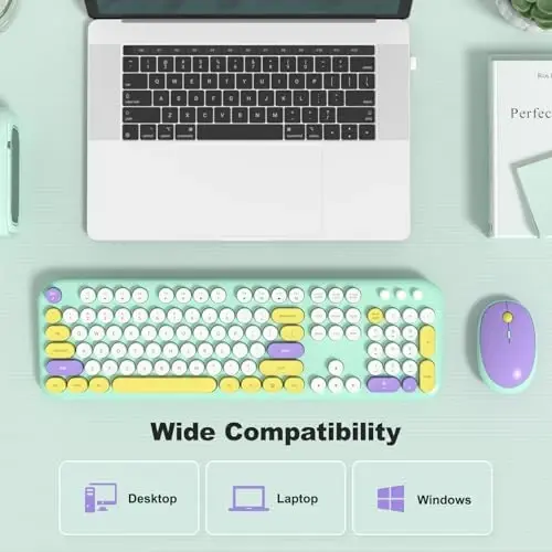 MOFII Wireless Keyboard and Mouse, Retro Typewriter Keyboard and Silent Mouse, 2.4GHz Full Size Keyboard and Mouse Wireless Combo for Laptop, PC, Desktop, Windows (Mint Green) - 5