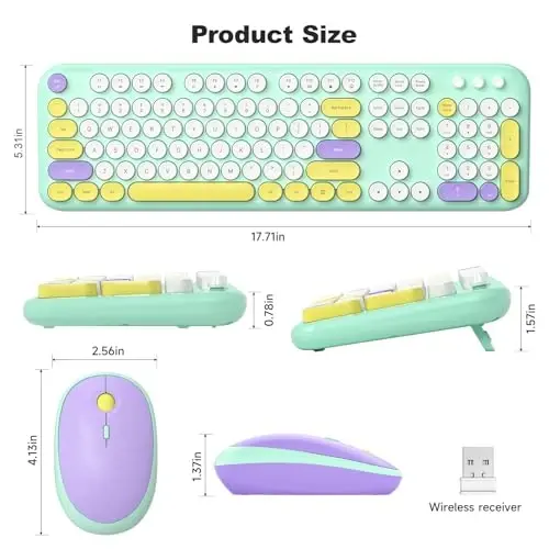 MOFII Wireless Keyboard and Mouse, Retro Typewriter Keyboard and Silent Mouse, 2.4GHz Full Size Keyboard and Mouse Wireless Combo for Laptop, PC, Desktop, Windows (Mint Green) - 6