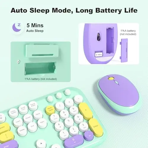 MOFII Wireless Keyboard and Mouse, Retro Typewriter Keyboard and Silent Mouse, 2.4GHz Full Size Keyboard and Mouse Wireless Combo for Laptop, PC, Desktop, Windows (Mint Green) - 7