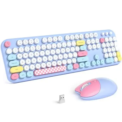 MOFII Wireless Keyboard and Mouse Combo - 2.4GHz Full-Size Retro Typewriter Keyboard with Round Keys, 3 Level Adjustable Optical Mouse, Plug & Play - Compatible with PC/Laptop/Desktop - Light Blue Mix - 1