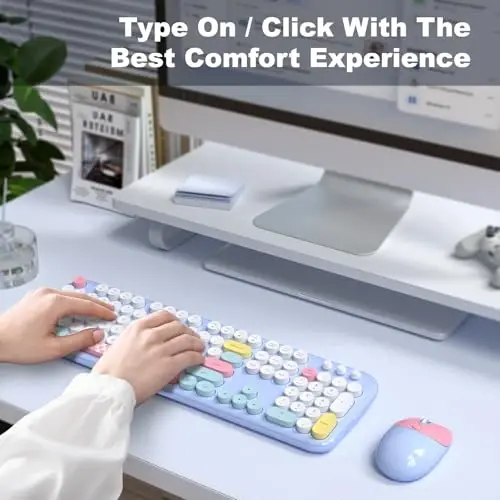 MOFII Wireless Keyboard and Mouse Combo - 2.4GHz Full-Size Retro Typewriter Keyboard with Round Keys, 3 Level Adjustable Optical Mouse, Plug & Play - Compatible with PC/Laptop/Desktop - Light Blue Mix - 2