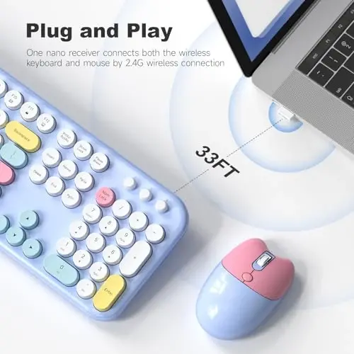 MOFII Wireless Keyboard and Mouse Combo - 2.4GHz Full-Size Retro Typewriter Keyboard with Round Keys, 3 Level Adjustable Optical Mouse, Plug & Play - Compatible with PC/Laptop/Desktop - Light Blue Mix - 3