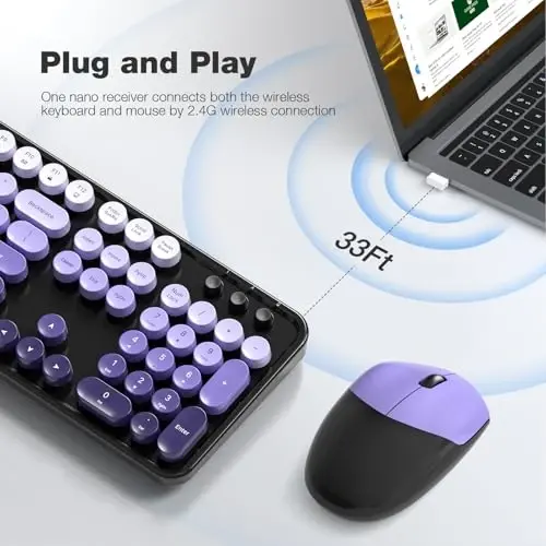 MOFII Wireless Keyboard and Mouse Combo, 2.4GHz Retro Typewriter Keyboard Full Size, Cute Wireless Mice, USB Dongle Plug and Play, for Laptop, PC, Desktop, Windows (Black Purple Gradient Color) - 2