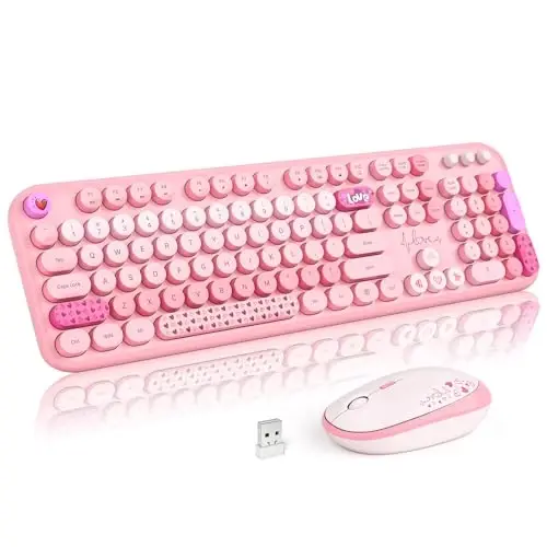 MOFII Wireless Keyboard and Mouse Combo, Cute Retro Typewriter Keyboard and Silent Mouse, 2.4GHz Full Size Computer Keyboard Wireless Mouse Set for PC, Laptop, Desktop, Windows (Pink Colorful) - MOFII