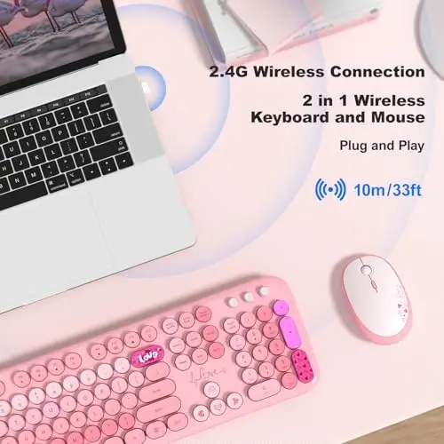 MOFII Wireless Keyboard and Mouse Combo, Cute Retro Typewriter Keyboard and Silent Mouse, 2.4GHz Full Size Computer Keyboard Wireless Mouse Set for PC, Laptop, Desktop, Windows (Pink Colorful) - 2