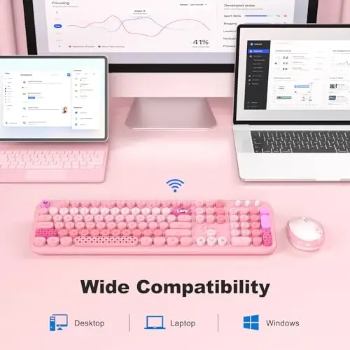MOFII Wireless Keyboard and Mouse Combo, Cute Retro Typewriter Keyboard and Silent Mouse, 2.4GHz Full Size Computer Keyboard Wireless Mouse Set for PC, Laptop, Desktop, Windows (Pink Colorful) - 5