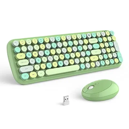 MOFII Wireless Keyboard and Mouse Combo, 2.4GHz Retro Typewriter Keyboard and Cute Mouse for Computer PC Desktops Laptop Windows(Green Mix) 