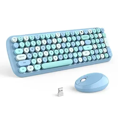 MOFII Wireless Keyboard and Mouse Combo, 2.4GHz Retro Typewriter Keyboard and Cute Mouse for Computer PC Desktops Laptop Windows(Blue Mix) 
