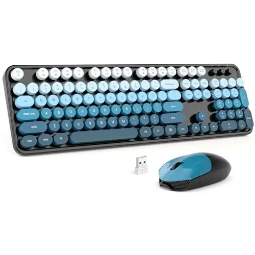 MOFII Wireless Keyboard and Mouse Combo, 2.4GHz Retro Typewriter Keyboard and Cute Mouse for Computer PC Desktops Laptop Windows(Blue Mix) - MOFII