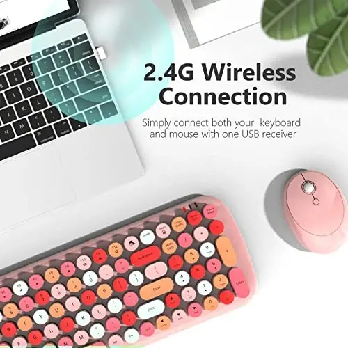 MOFII Wireless Keyboard and Mouse Combo, 2.4GHz Retro Typewriter Keyboard and Cute Mouse for Computer PC Desktops Laptop Windows(Pink Mix) - 1