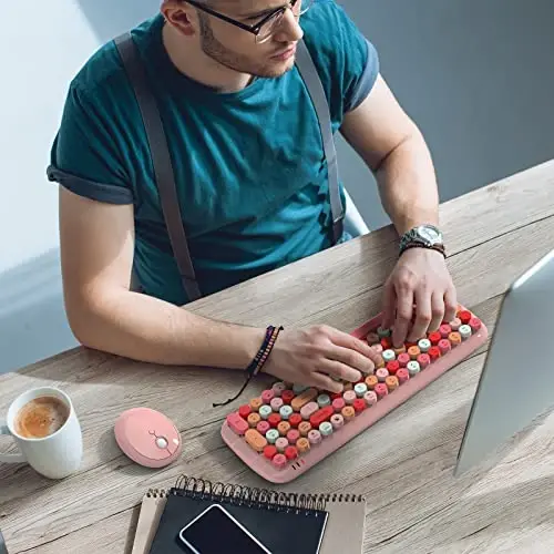 MOFII Wireless Keyboard and Mouse Combo, 2.4GHz Retro Typewriter Keyboard and Cute Mouse for Computer PC Desktops Laptop Windows(Pink Mix) - 2