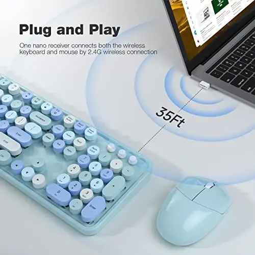 MOFII Wireless Keyboard and Mouse Combo, Blue Colorful Round Key Typewriter Keyboards, 2.4GHz Full Size Keyboard Computer Mice, USB Receiver Plug and Play, for Laptop, PC, Chromebook, Smart TV - 2