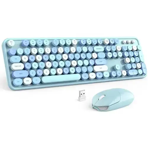 MOFII Wireless Keyboard and Mouse Combo, Blue Colorful Round Key Typewriter Keyboards, 2.4GHz Full Size Keyboard Computer Mice, USB Receiver Plug and Play, for Laptop, PC, Chromebook, Smart TV - MOFII