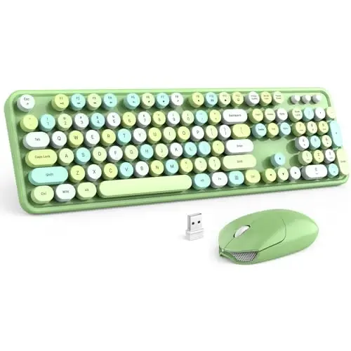 MOFII Wireless Keyboard and Mouse Combo, Retro Green 2.4GHz Full Size Colorful Keyboards with Round Keycaps, Cute Wireless Mouse for Laptop, PC, Chromebook, Smart TV, Computer, Windows 