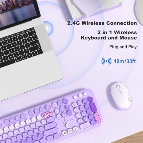 MOFII Wireless Keyboard and Mouse Combo, Cute Retro Typewriter Keyboard and Silent Mouse, 2.4GHz Full Size Computer Keyboard Wireless Mouse Set for PC, Laptop, Desktop, Windows (Purple Colorful) - 2