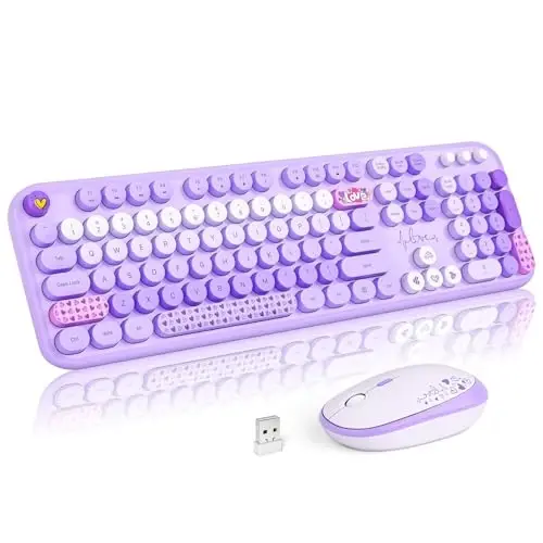 MOFII Wireless Keyboard and Mouse Combo, Cute Retro Typewriter Keyboard and Silent Mouse, 2.4GHz Full Size Computer Keyboard Wireless Mouse Set for PC, Laptop, Desktop, Windows (Purple Colorful) - 1