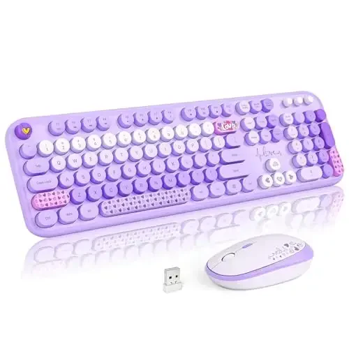 MOFII Wireless Keyboard and Mouse Combo, Cute Retro Typewriter Keyboard and Silent Mouse, 2.4GHz Full Size Computer Keyboard Wireless Mouse Set for PC, Laptop, Desktop, Windows (Purple Colorful) 