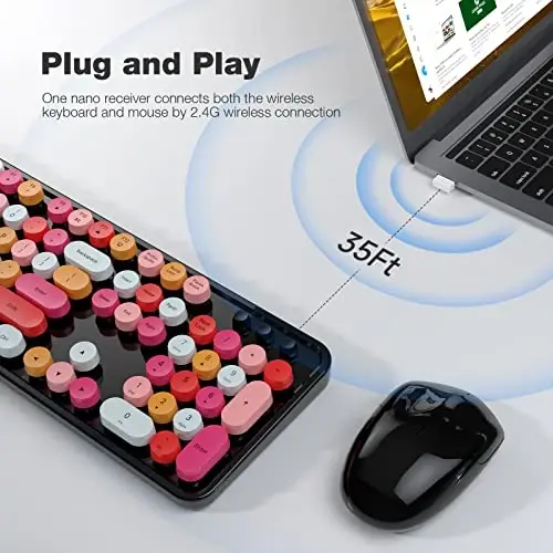 MOFII Wireless Keyboard and Mouse Combo, Black Colorful 2.4GHz Full Size Keyboard with Round Keycaps, Retro Keyboard Cute Wireless Mouse for Laptop, PC, Chromebook, Smart TV, Windows - MOFII (1)