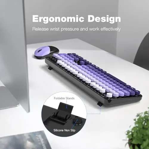 MOFII simsiz klaviatura va sichqoncha kombinatsiyasi, 2,4 GHz Retro Typewriter klaviaturasi toʻliq oʻlchamli, yoqimli simsiz sichqonchalar, USB Dongle Plug and Play, noutbuk, kompyuter, ish stoli, Windows uchun (qora binafsha gradient rangi) - 3