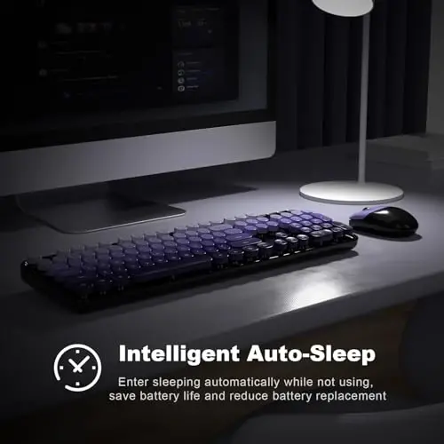 MOFII simsiz klaviatura va sichqoncha kombinatsiyasi, 2,4 GHz Retro Typewriter klaviaturasi toʻliq oʻlchamli, yoqimli simsiz sichqonchalar, USB Dongle Plug and Play, noutbuk, kompyuter, ish stoli, Windows uchun (qora binafsha gradient rangi) - 4