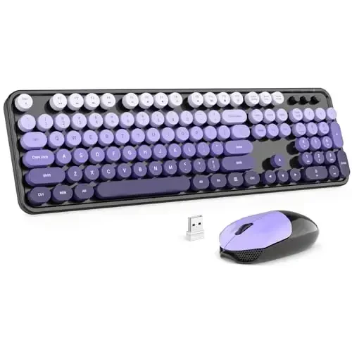 MOFII simsiz klaviatura va sichqoncha kombinatsiyasi, 2,4 GHz Retro Typewriter klaviaturasi toʻliq oʻlchamli, yoqimli simsiz sichqonchalar, USB Dongle Plug and Play, noutbuk, kompyuter, ish stoli, Windows uchun (qora binafsha gradient rangi) 