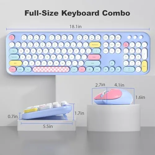 MOFII Simsiz Klaviatura va Sichqoncha Kombinatsiyasi - 2.4GHz To'liq O'lchamli Retro Yozuv Mashinasi Klaviatura Dumaloq Tugmalar, 3 Darajali Sozlanishi Optik Sichqoncha, Plug & Play - Kompyuter/Noutbuk/Desktop bilan mos keladi - Moviy Aralash - 6