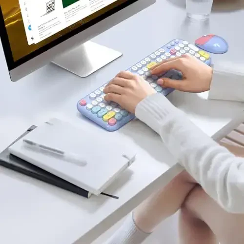 MOFII Simsiz Klaviatura va Sichqoncha Kombinatsiyasi - 2.4GHz To'liq O'lchamli Retro Yozuv Mashinasi Klaviatura Dumaloq Tugmalar, 3 Darajali Sozlanishi Optik Sichqoncha, Plug & Play - Kompyuter/Noutbuk/Desktop bilan mos keladi - Moviy Aralash - 7
