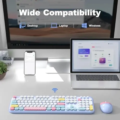 MOFII Simsiz Klaviatura va Sichqoncha Kombinatsiyasi - 2.4GHz To'liq O'lchamli Retro Yozuv Mashinasi Klaviatura Dumaloq Tugmalar, 3 Darajali Sozlanishi Optik Sichqoncha, Plug & Play - Kompyuter/Noutbuk/Desktop bilan mos keladi - Moviy Aralash - 4
