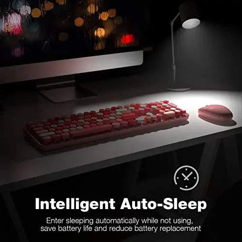 MOFII simsiz klaviatura va sichqoncha, pushti rangli dumaloq tugmali retro yozuv mashinkasi klaviaturalari, kompyuter, noutbuk, shaxsiy kompyuter, Chromebook, Smart TV uchun USB simsiz 2,4G to'liq o'lchamli klaviatura va yoqimli sichqoncha kombinatsiyasi - 4