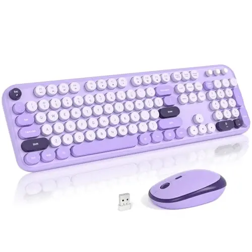 MOFII simsiz klaviatura va sichqoncha, Retro Typewriter klaviatura va jim sichqoncha, 2,4 GHz toʻliq oʻlchamli klaviatura va sichqoncha simsiz kombinatsiyasi noutbuk, shaxsiy kompyuter, stol kompyuteri, Windows (binafsha) - MOFII