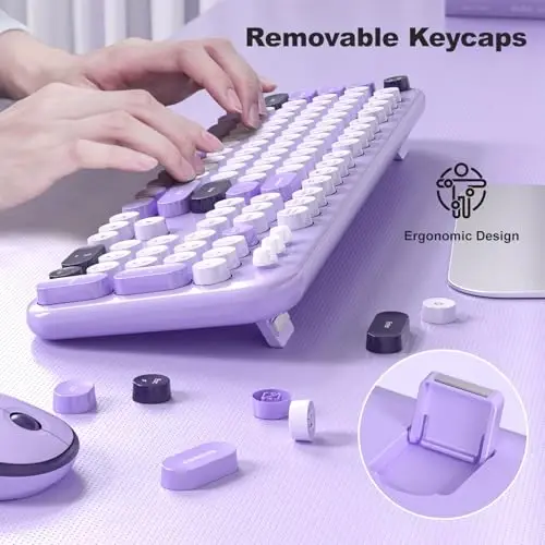 MOFII simsiz klaviatura va sichqoncha, Retro Typewriter klaviatura va jim sichqoncha, 2,4 GHz toʻliq oʻlchamli klaviatura va sichqoncha simsiz kombinatsiyasi noutbuk, shaxsiy kompyuter, stol kompyuteri, Windows (binafsha) - 4