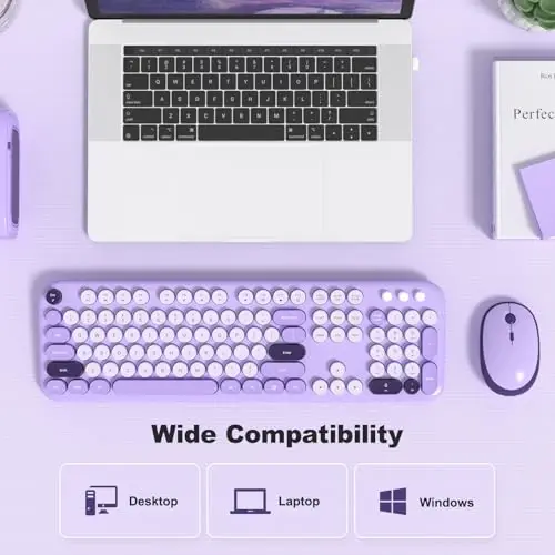 MOFII simsiz klaviatura va sichqoncha, Retro Typewriter klaviatura va jim sichqoncha, 2,4 GHz toʻliq oʻlchamli klaviatura va sichqoncha simsiz kombinatsiyasi noutbuk, shaxsiy kompyuter, stol kompyuteri, Windows (binafsha) - 5