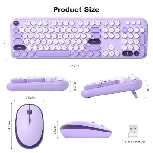 MOFII simsiz klaviatura va sichqoncha, Retro Typewriter klaviatura va jim sichqoncha, 2,4 GHz toʻliq oʻlchamli klaviatura va sichqoncha simsiz kombinatsiyasi noutbuk, shaxsiy kompyuter, stol kompyuteri, Windows (binafsha) - 6