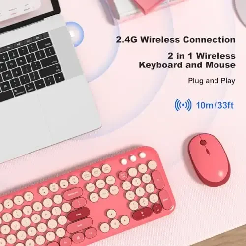 MOFII simsiz klaviatura va sichqoncha, Retro yozuv mashinkasi klaviaturasi va jim sichqoncha, noutbuk, kompyuter, ish stoli, Windows uchun 2,4 GHz to'liq o'lchamli klaviatura va sichqoncha simsiz kombinatsiyasi (Hot Pink) - 2