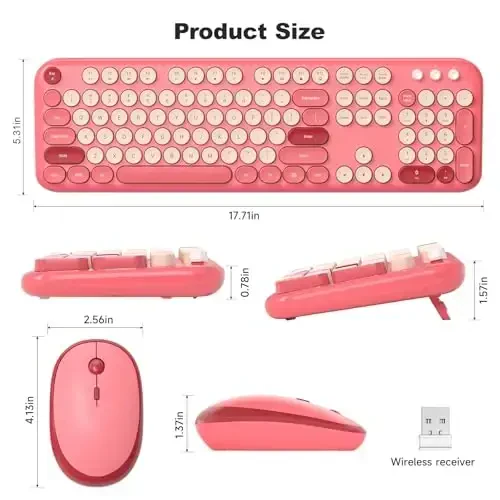 MOFII simsiz klaviatura va sichqoncha, Retro yozuv mashinkasi klaviaturasi va jim sichqoncha, noutbuk, kompyuter, ish stoli, Windows uchun 2,4 GHz to'liq o'lchamli klaviatura va sichqoncha simsiz kombinatsiyasi (Hot Pink) - 6