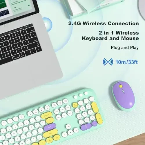 MOFII simsiz klaviatura va sichqoncha, Retro yozuv mashinkasi klaviaturasi va jim sichqoncha, noutbuk, kompyuter, shaxsiy kompyuter, Windows uchun 2,4 GHz to'liq o'lchamli klaviatura va sichqoncha simsiz kombinatsiyasi (yalpiz yashil) - 2