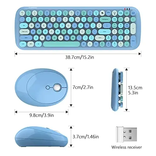 MOFII simsiz klaviatura va sichqoncha to'plami, 2,4 GHz Retro Typewriter klaviatura va kompyuter PC noutbuklari Windows uchun yoqimli sichqoncha (Moviy aralash) - 6