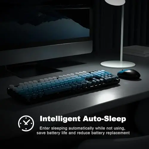 MOFII simsiz klaviatura va sichqoncha to'plami, 2,4 GHz Retro Typewriter klaviatura va kompyuter PC noutbuklari Windows uchun yoqimli sichqoncha (Moviy aralash) - 4